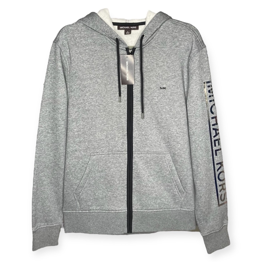 Michael Kors M Ash Melange Silver Mirror Foil Logo Full Zip Fleece Hoodie